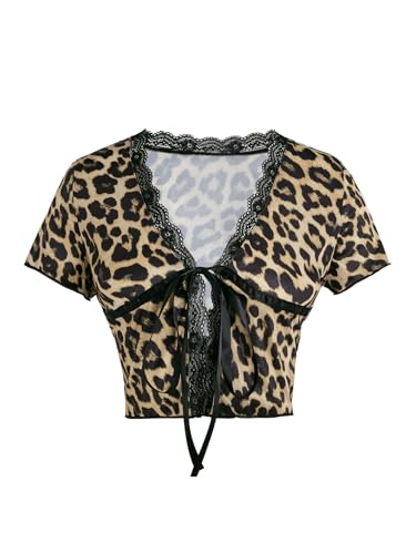 SOLY HUX Women's Y2k Lace Leopard Print Tee Crop Tops Deep V Neck